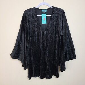 Black Crushed Velvet Bell Sleeve V Neck Tunic Top M Whimsigoth Witchy Dark Fairy